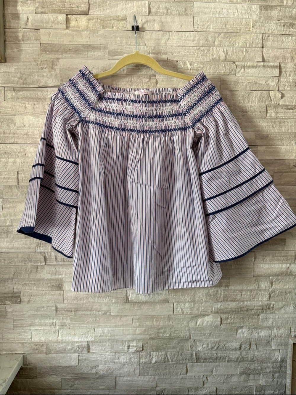 Parker Off-the-Shoulder Striped Blouse in White and Navy